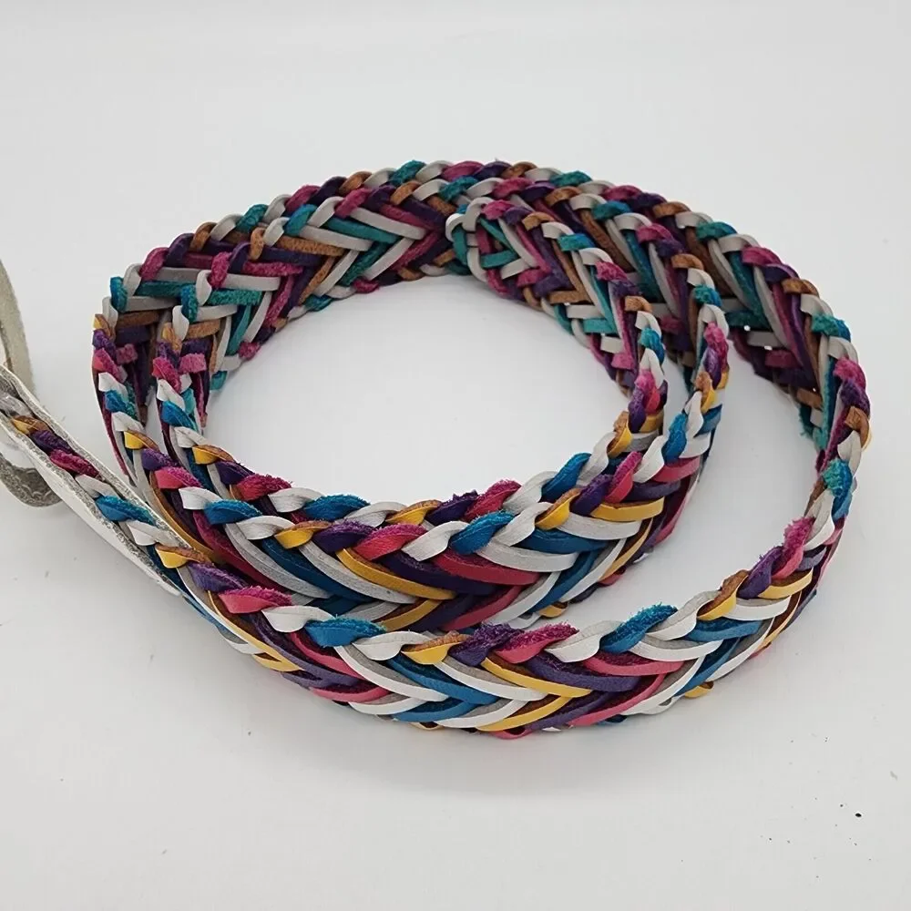 Womens Vintage Y2K Rainbow Braided Leather Belt Size L White Buckle Colorful 90s